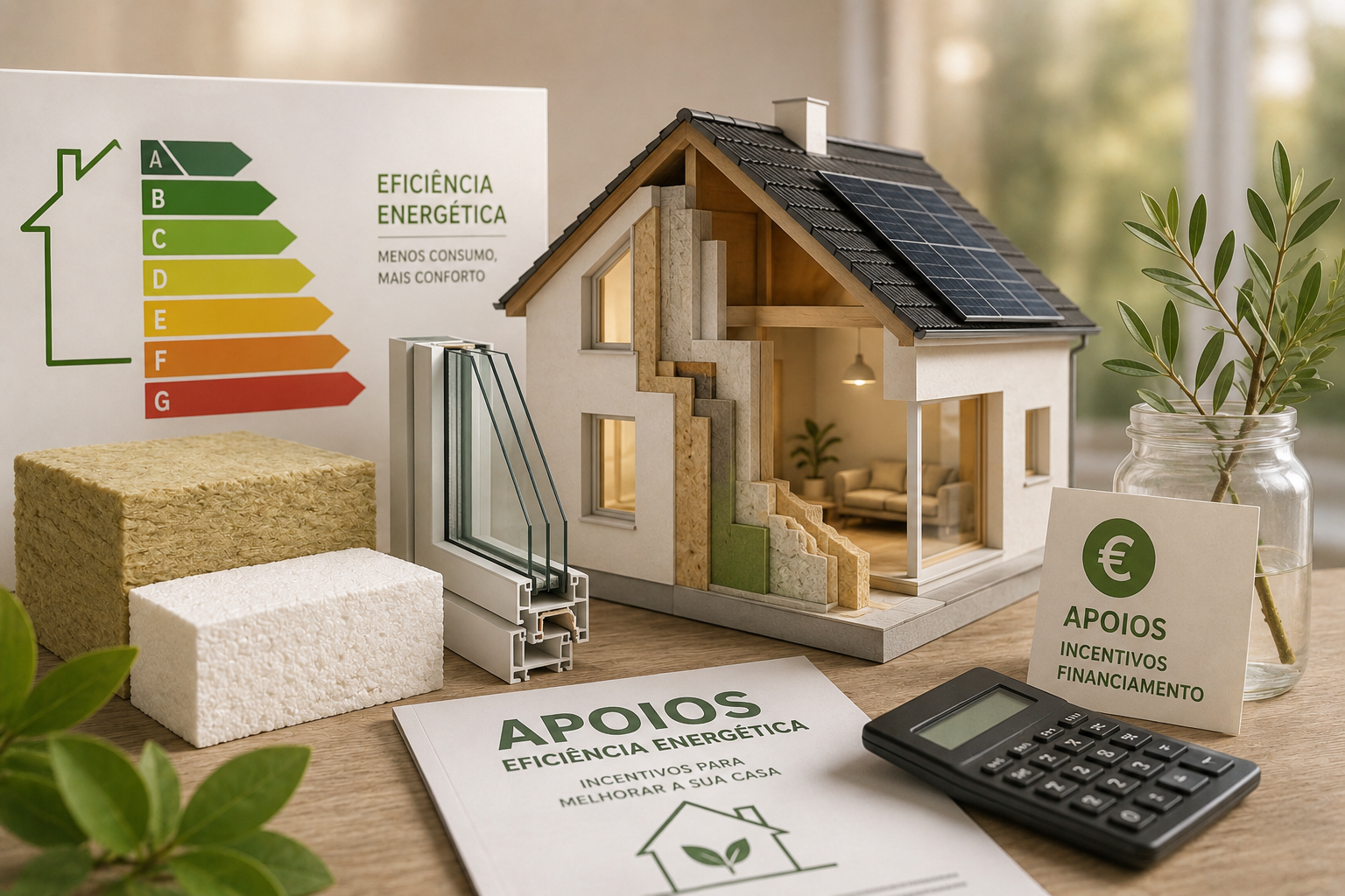 Representação de habitação eficiente com isolamento térmico, eficiência energética e soluções de reabilitação apoiadas por incentivos.