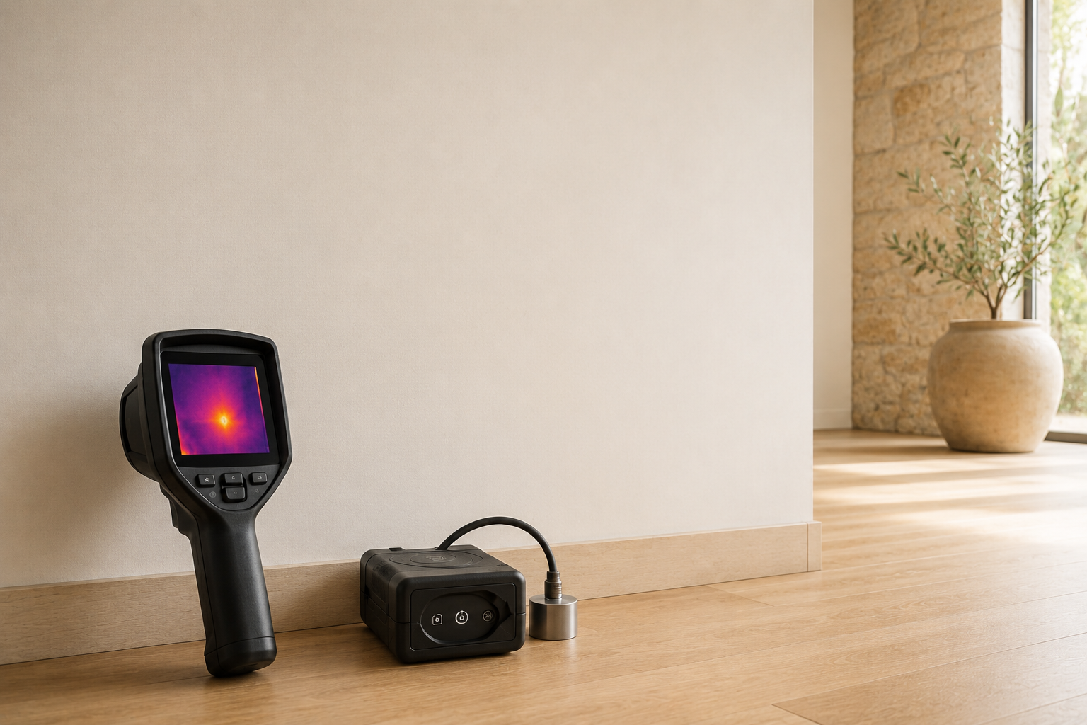 Deteção de fugas de água sem obras com câmara termográfica e detector acústico numa parede intacta