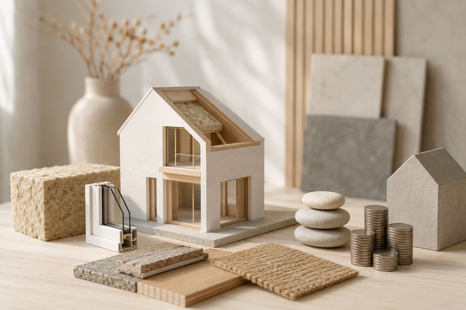 Maqueta de casa Passivhaus com materiais de isolamento térmico, eficiência energética e elementos que representam apoios públicos para habitação sustentável em Portugal.