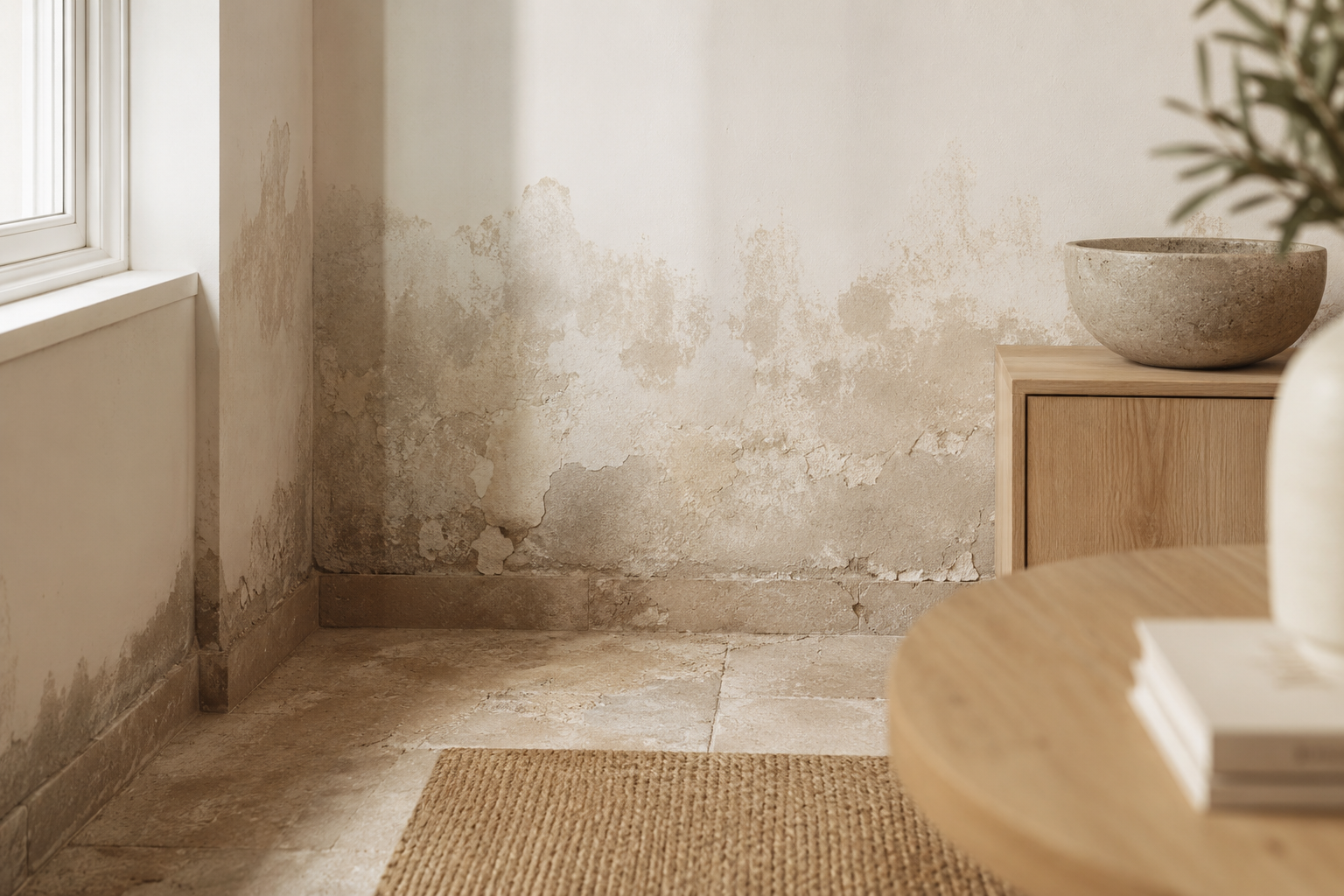 Parede interior com sinais de humidade junto ao rodapé numa habitação