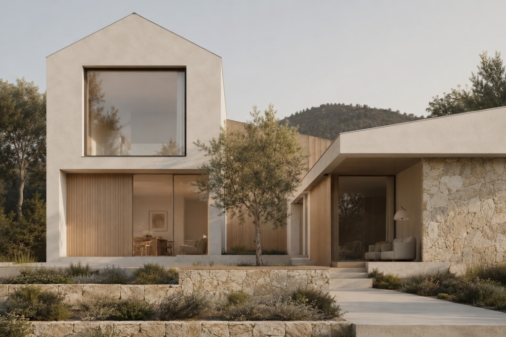 Moradia Passivhaus moderna com arquitetura eficiente, isolamento térmico e elevado desempenho energético.
